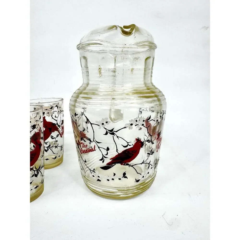Vintage Hazel Atlas Pitcher Set Cardinal and Dogwood Pitcher and 5 Glasses
